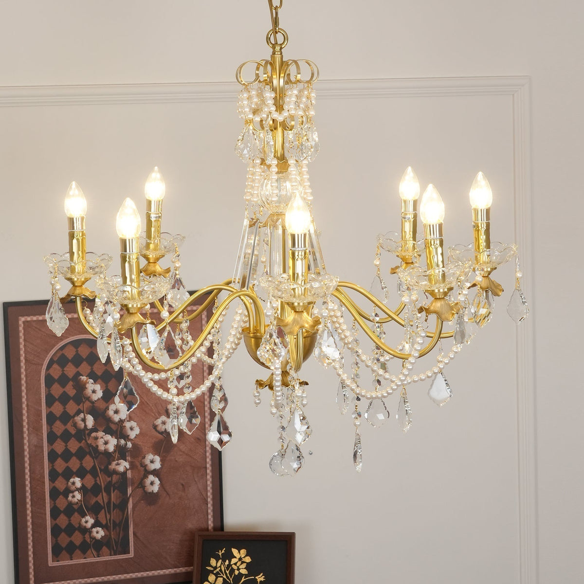 Chandelier Brass Body Crystal Pearl Drops Vintage Elegance-Neutral Decor