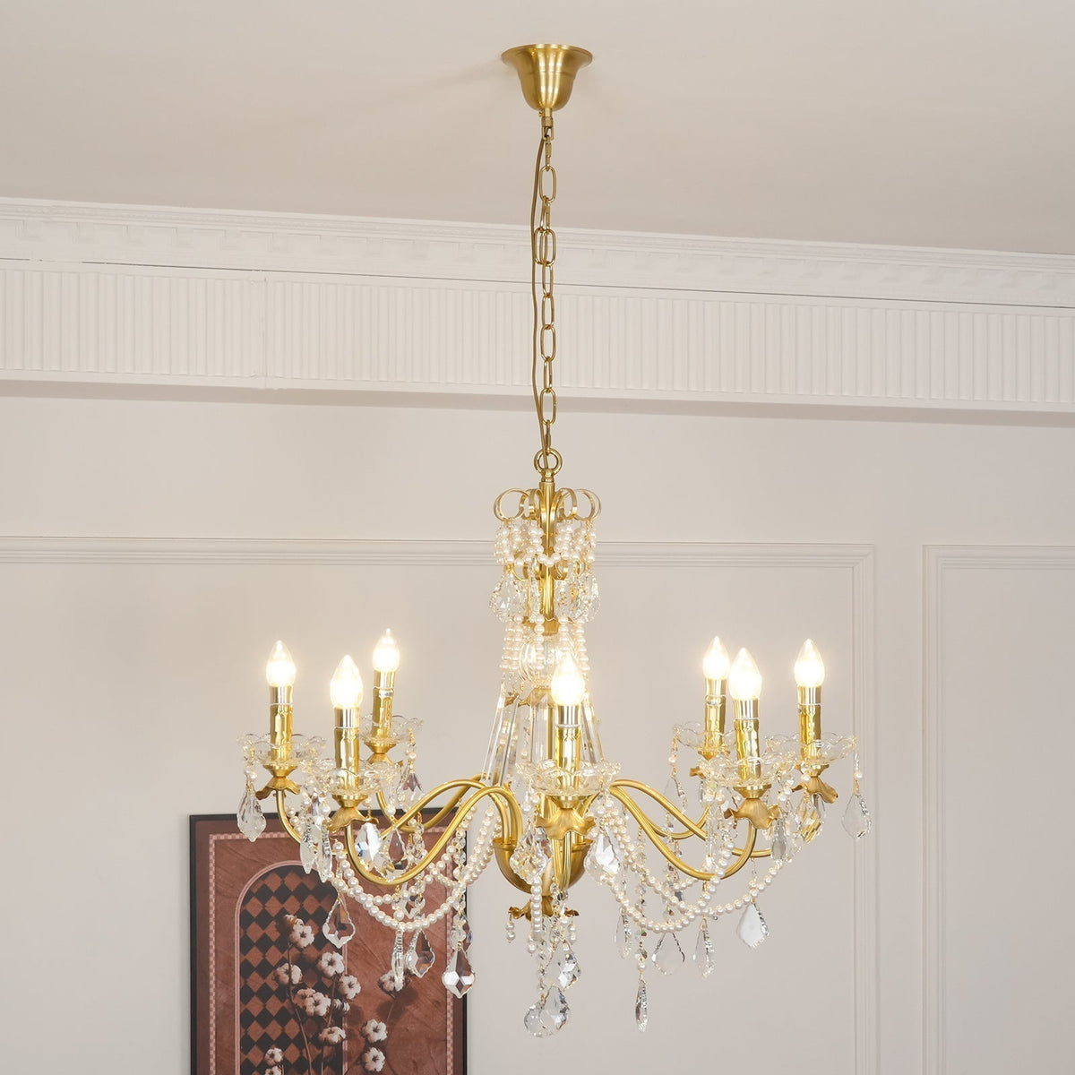 Chandelier Brass Body Crystal Pearl Drops Vintage Elegance-Neutral Decor