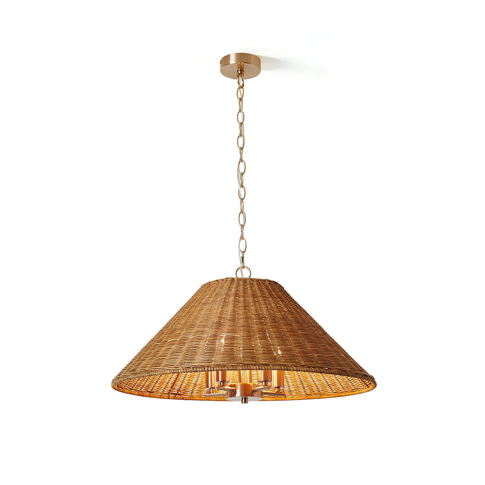 Saskia Pendant Light with natural rattan shade and gold chain.