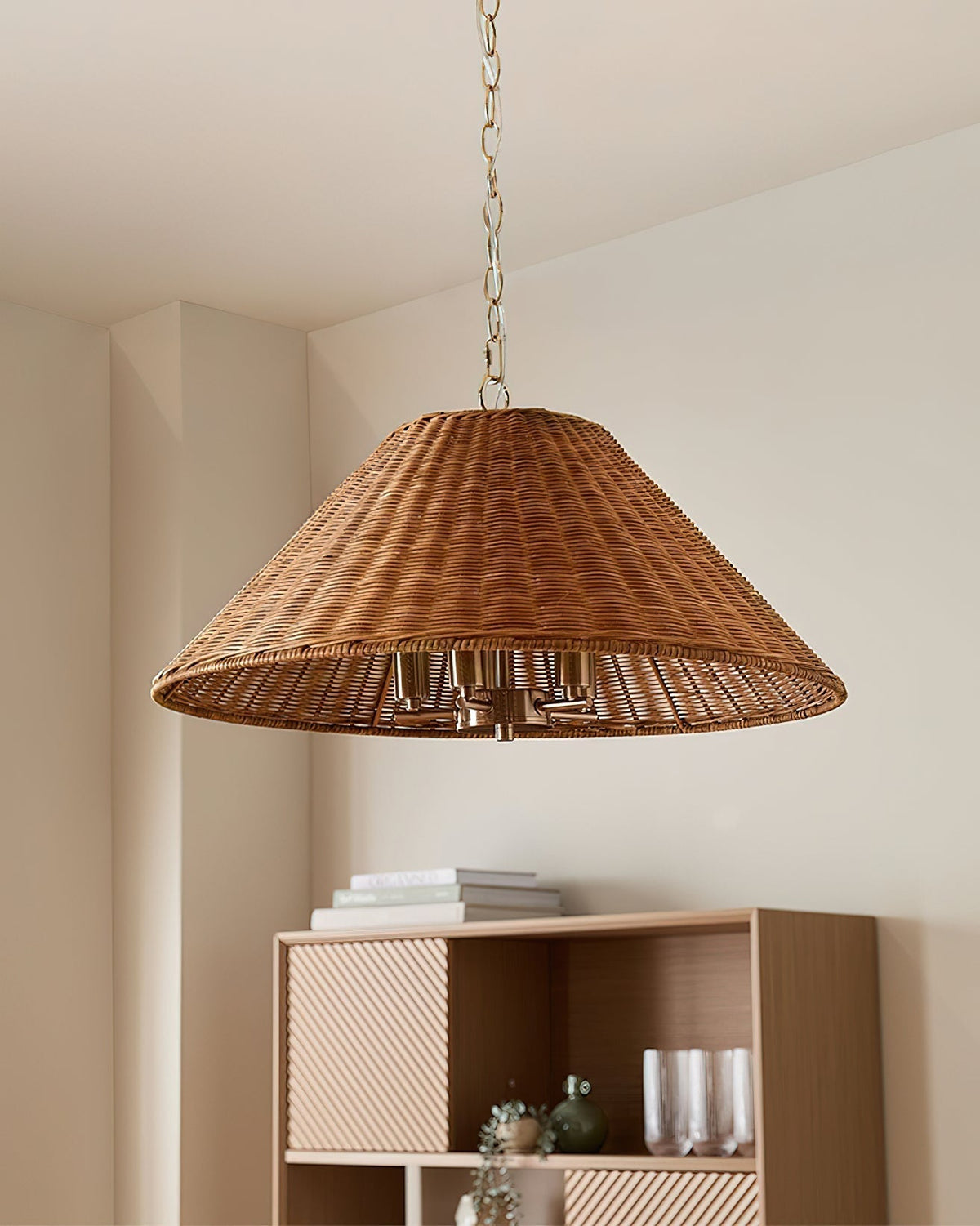 Close-up view of the Saskia Pendant Light's woven rattan texture.