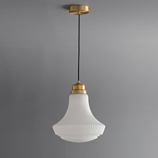 Solara Suspension en Verre Opale Canneleur Cloche Laiton Vintage