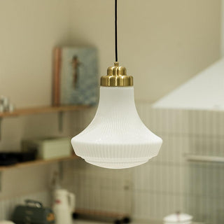 Solara Suspension en Verre Opale Canneleur Cloche Laiton Vintage