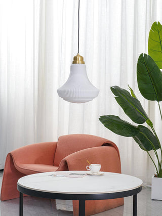 Solara Suspension en Verre Opale Canneleur Cloche Laiton Vintage