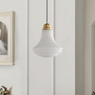Solara Suspension en Verre Opale Canneleur Cloche Laiton Vintage