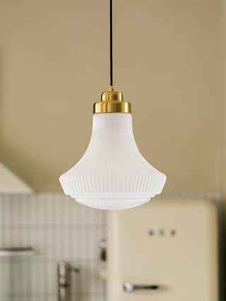 Solara Suspension en Verre Opale Canneleur Cloche Laiton Vintage