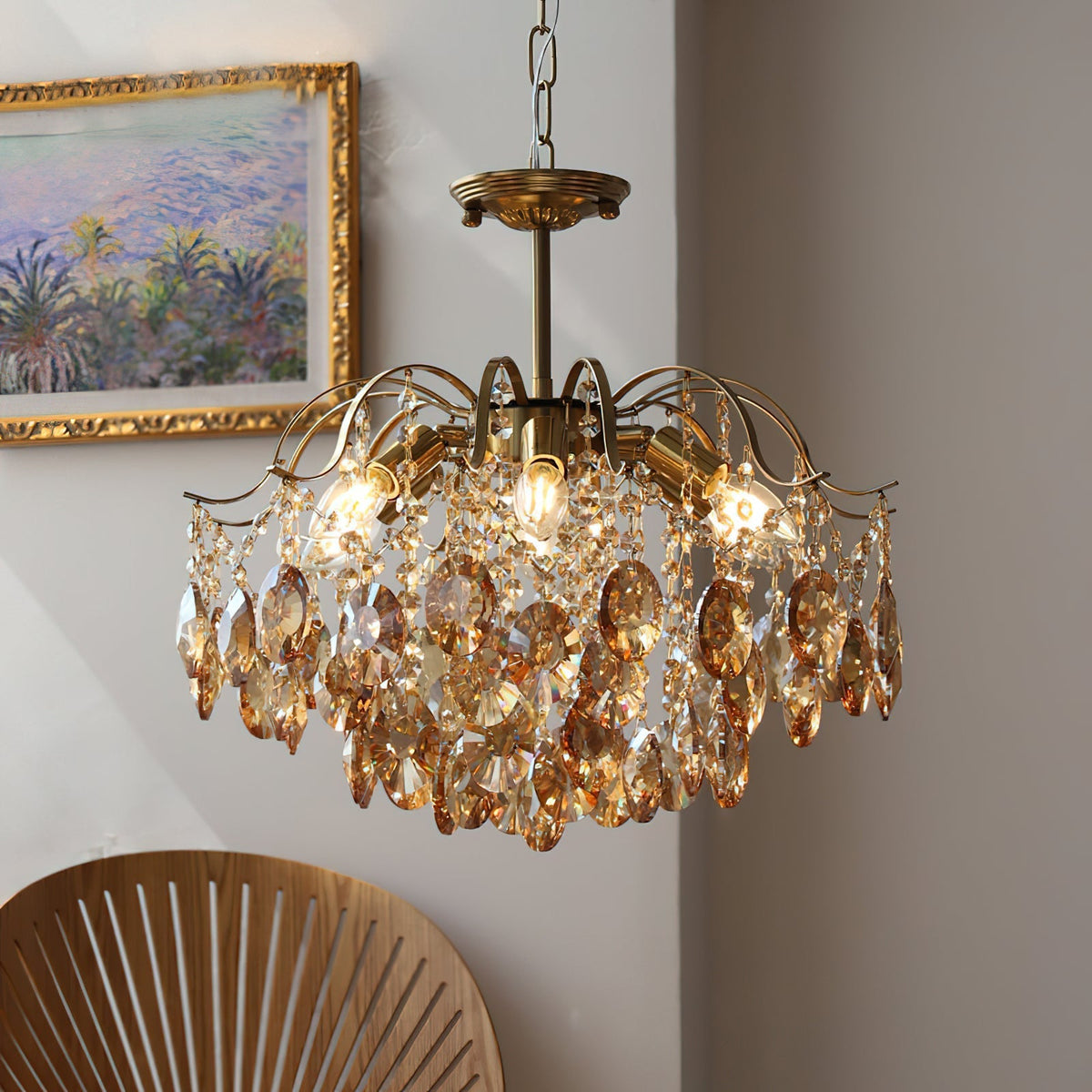 Close-up view of the cascading crystals on the Sciolari chandelier.