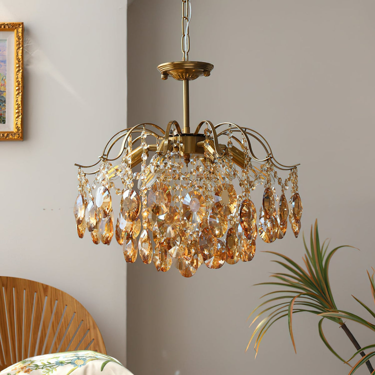 Sciolari Crystal Chandelier with a gold metal frame.