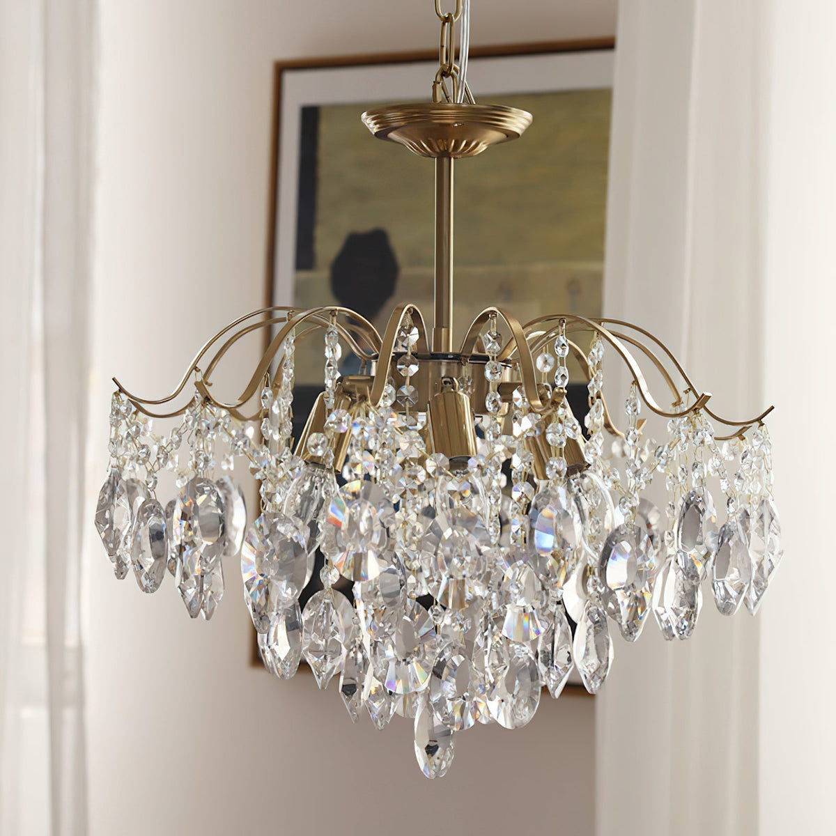 Angled shot of the Sciolari Crystal Chandelier, highlighting its geometric structure.