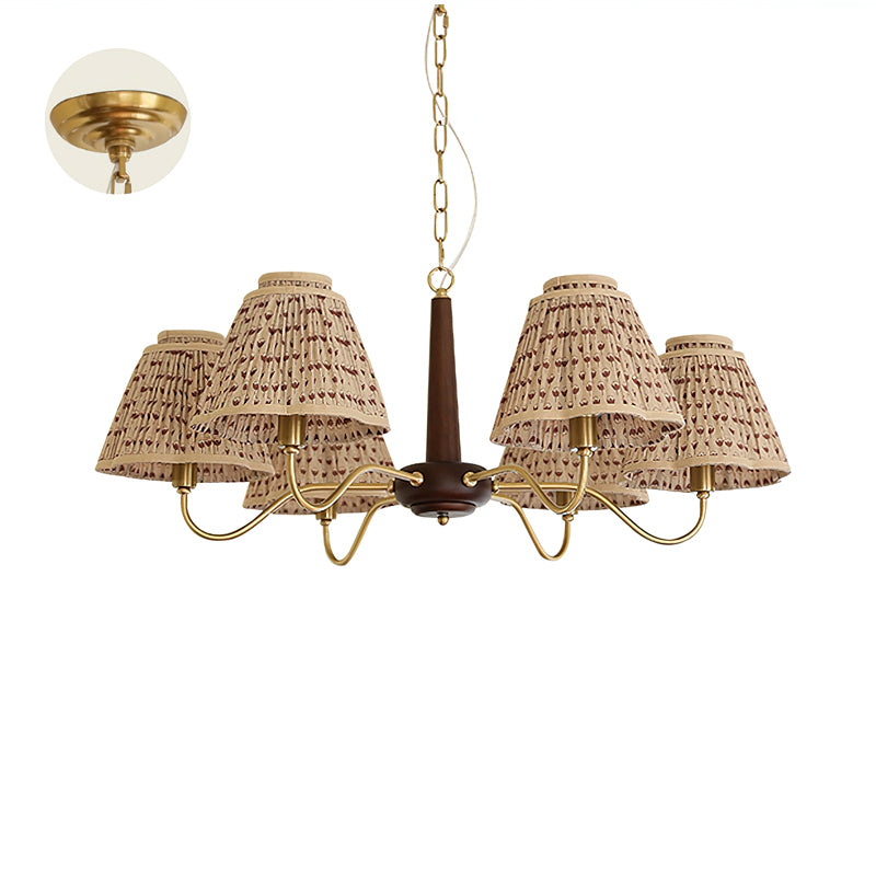 Detail view of the chandelier's wooden and metal components.