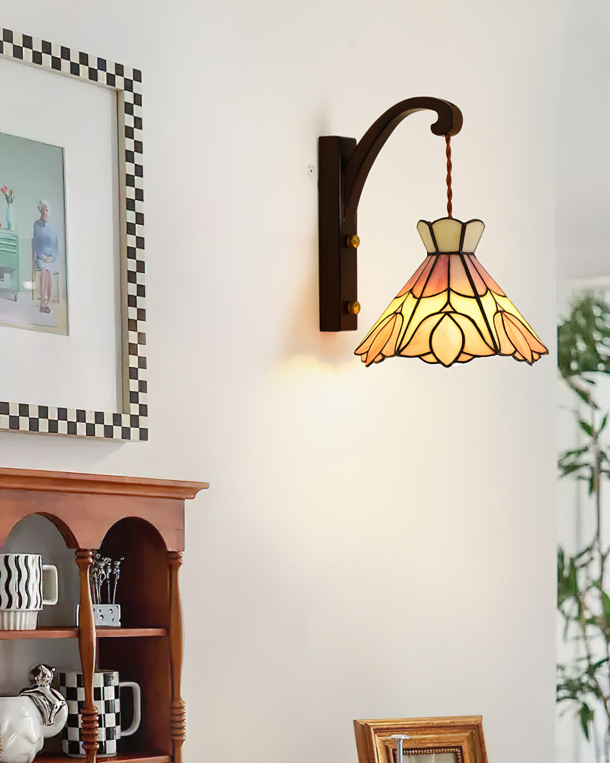 Wall Lamp Wood Body Tiffany Glass Shade Pink Floral Vintage Art-Neutral Decor