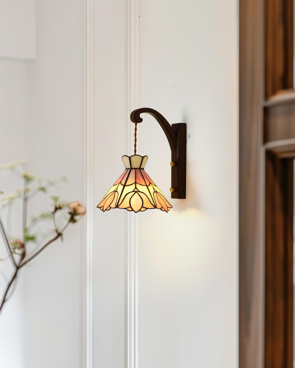 Wall Lamp Wood Body Tiffany Glass Shade Pink Floral Vintage Art-Neutral Decor