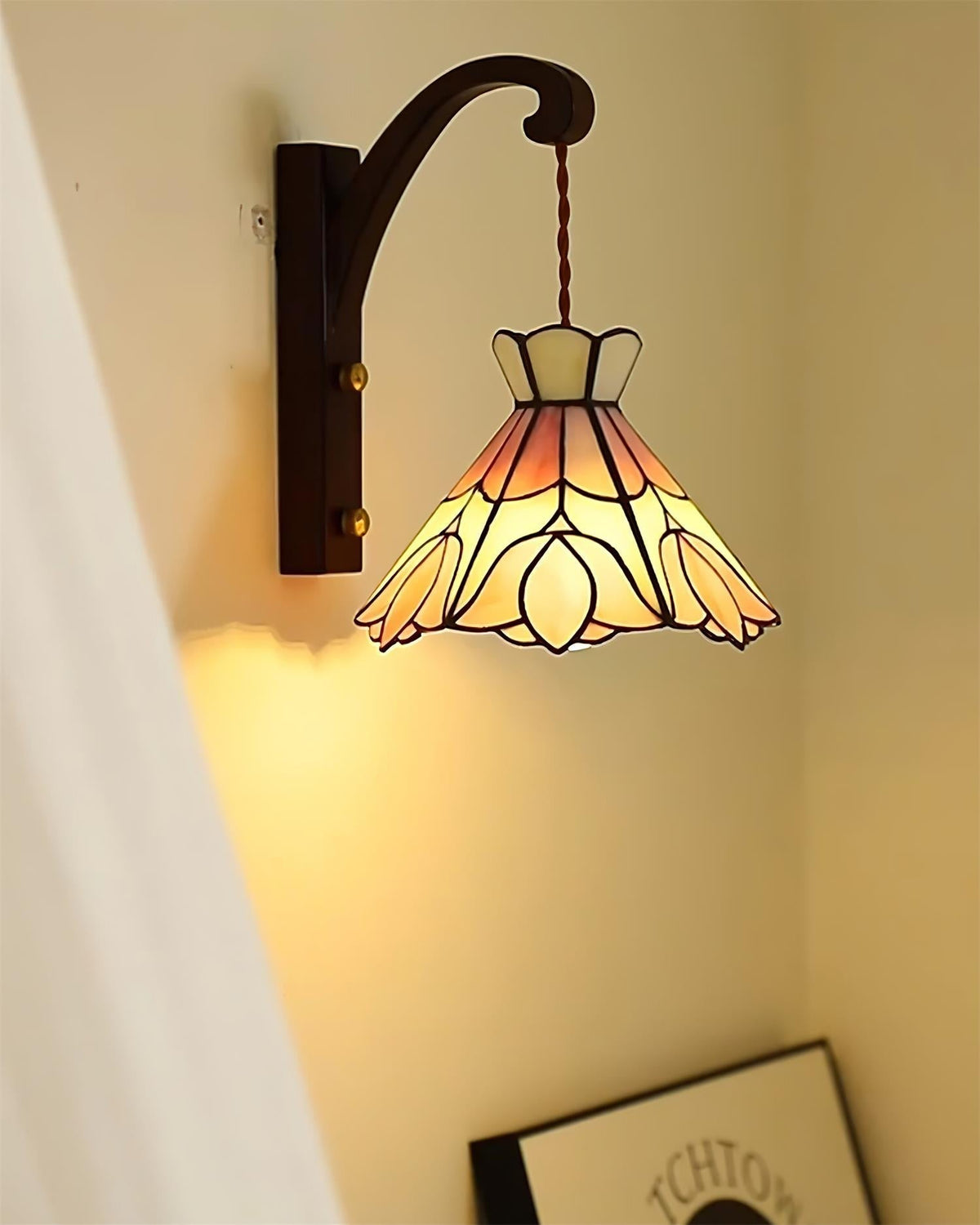 Wall Lamp Wood Body Tiffany Glass Shade Pink Floral Vintage Art-Neutral Decor