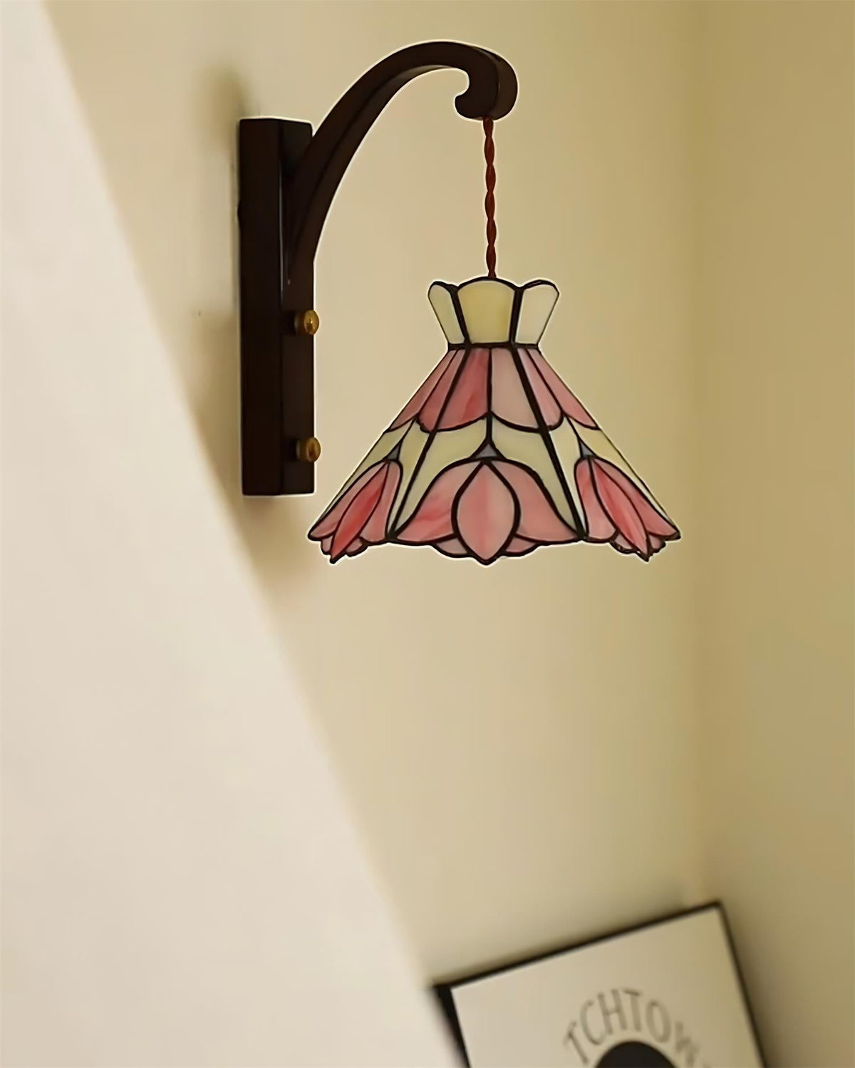 Wall Lamp Wood Body Tiffany Glass Shade Pink Floral Vintage Art-Neutral Decor