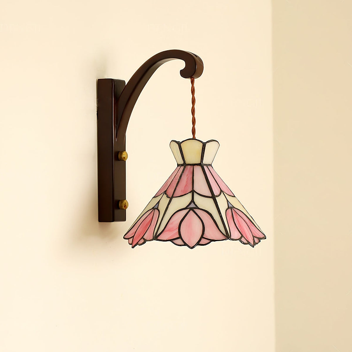 Wall Lamp Wood Body Tiffany Glass Shade Pink Floral Vintage Art-Neutral Decor