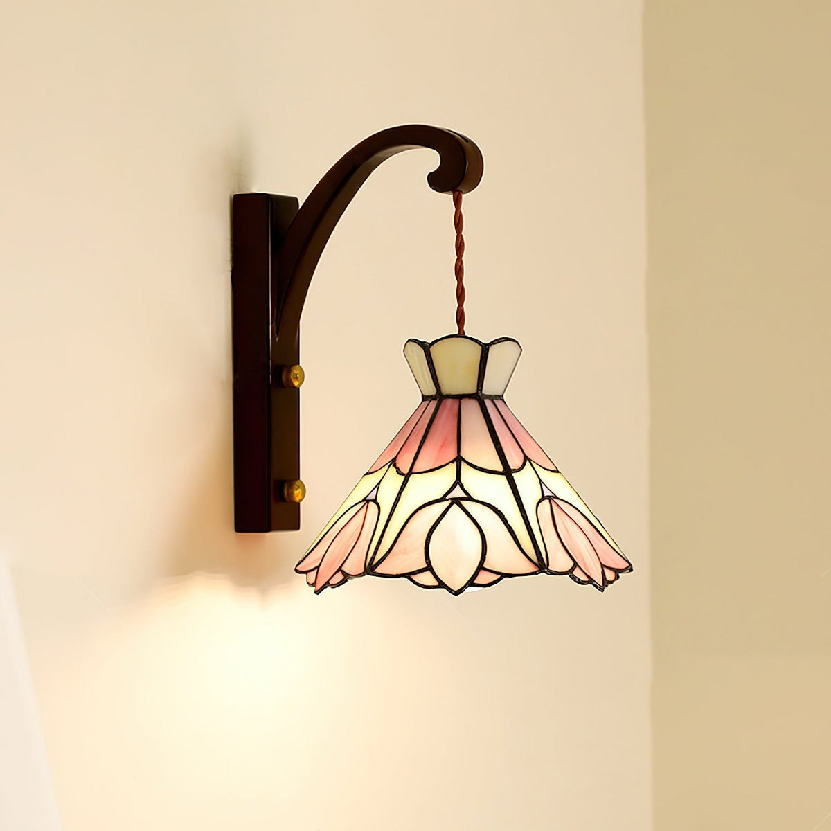 Wall Lamp Wood Body Tiffany Glass Shade Pink Floral Vintage Art-Neutral Decor