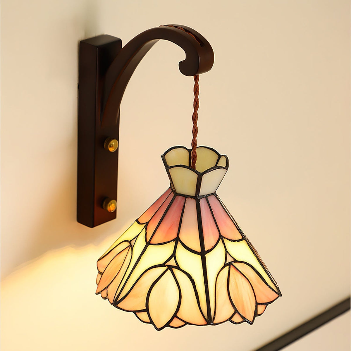 Wall Lamp Wood Body Tiffany Glass Shade Pink Floral Vintage Art-Neutral Decor
