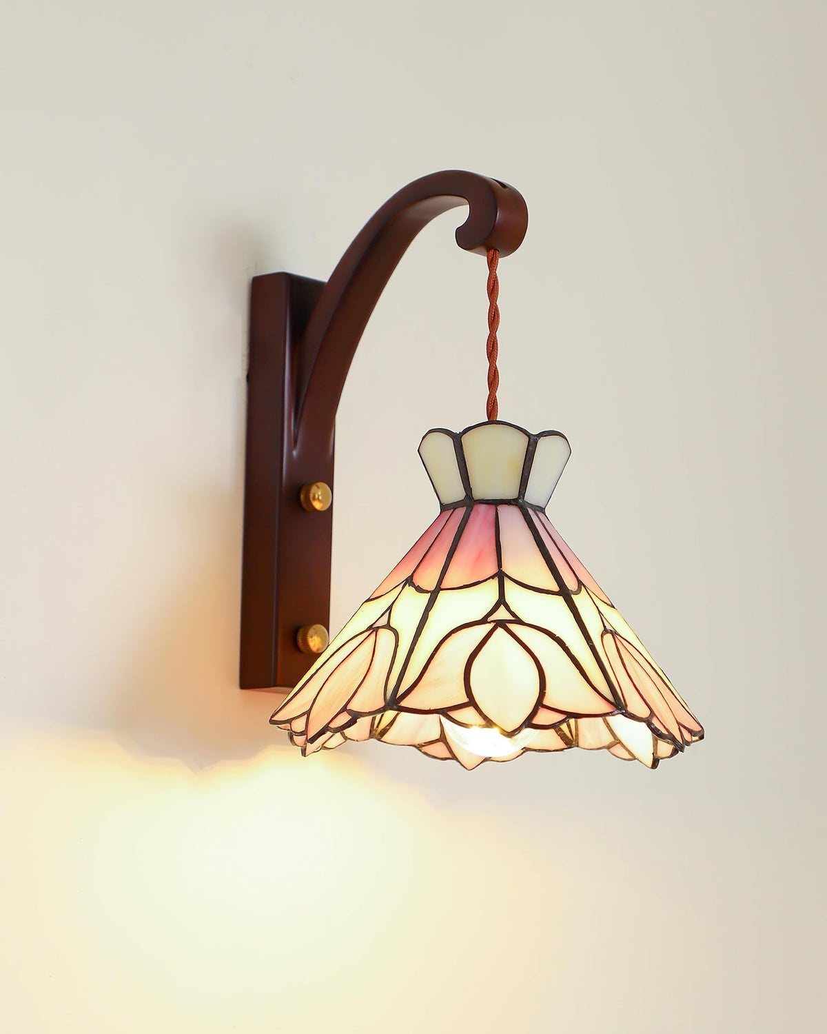 Wall Lamp Wood Body Tiffany Glass Shade Pink Floral Vintage Art-Neutral Decor