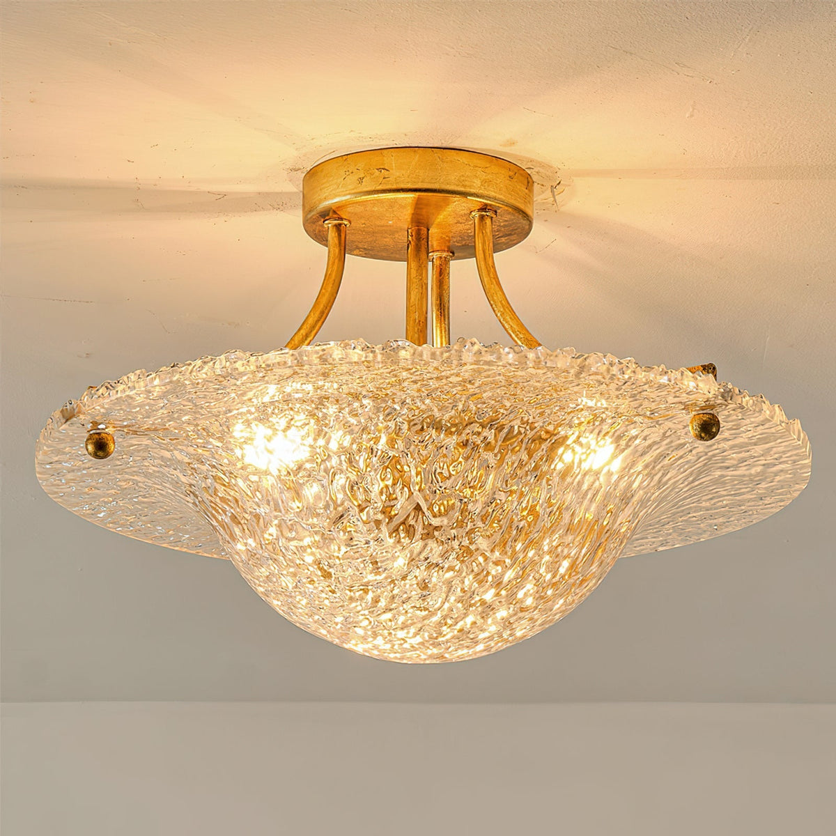 Close-up view of the Serilda Ceiling Light's intricate resin details and metal frame.