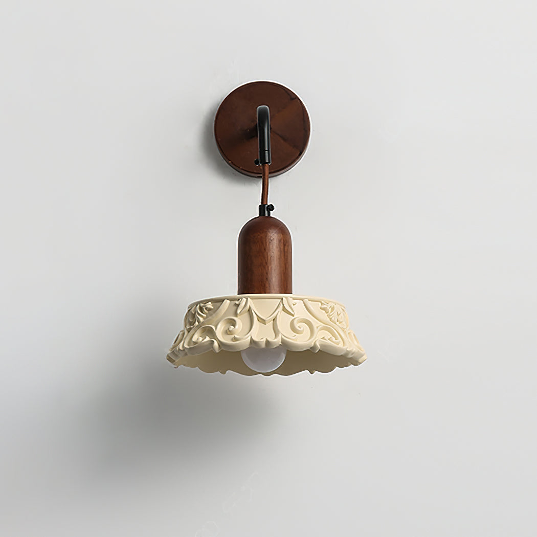 Wall Lamp with Carved Resin Shade Walnut Wood Arm Vintage-Neutral Decor