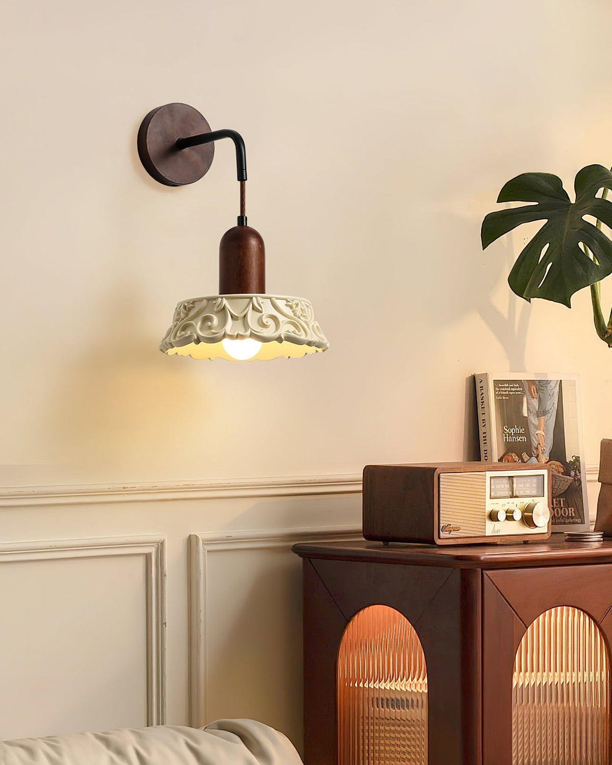 Wall Lamp with Carved Resin Shade Walnut Wood Arm Vintage-Neutral Decor