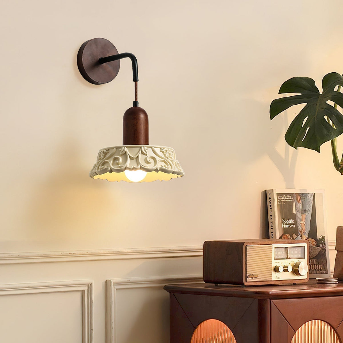 Wall Lamp with Carved Resin Shade Walnut Wood Arm Vintage-Neutral Decor