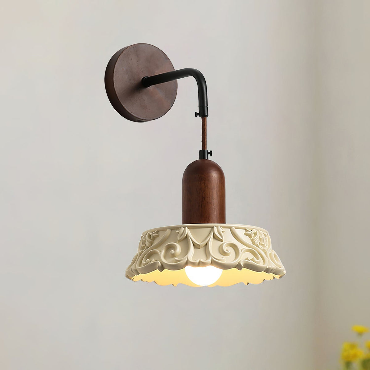 Wall Lamp with Carved Resin Shade Walnut Wood Arm Vintage-Neutral Decor
