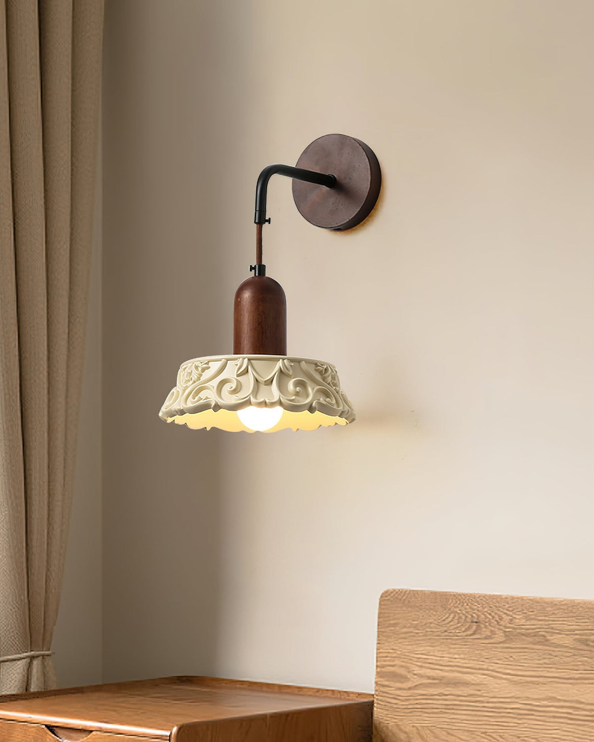 Wall Lamp with Carved Resin Shade Walnut Wood Arm Vintage-Neutral Decor