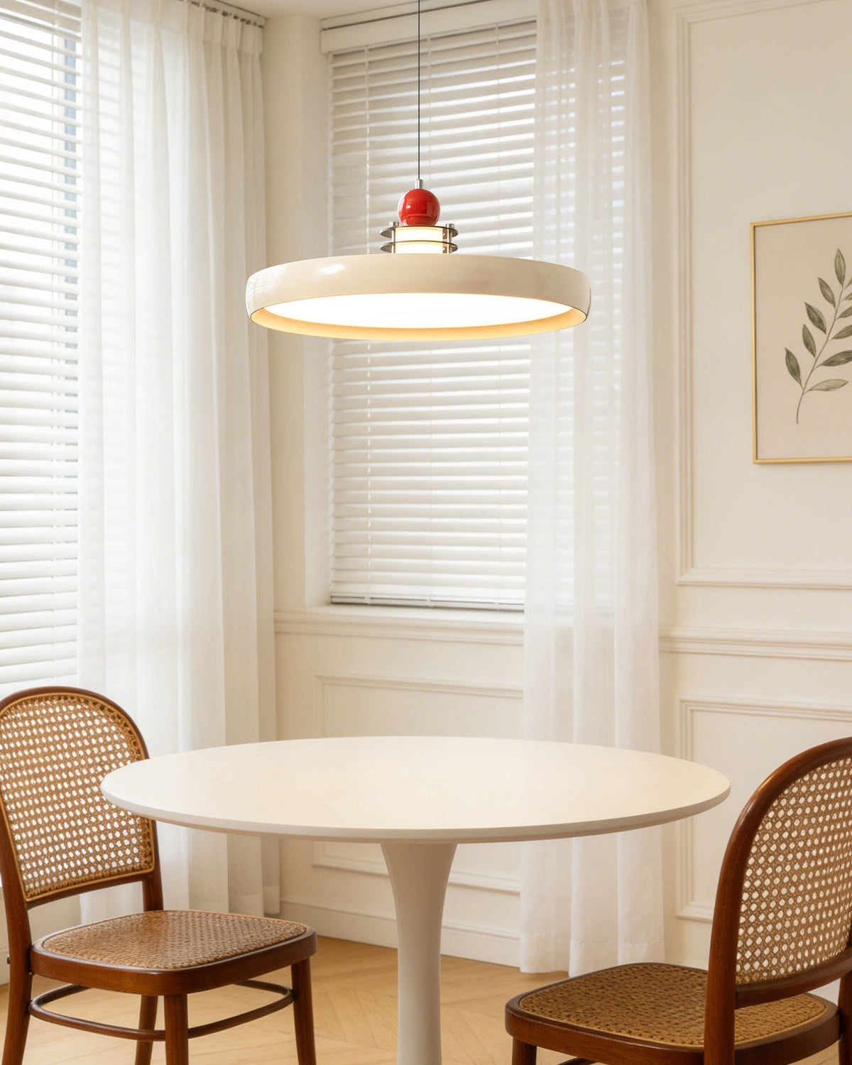 White Sia Scalloped Saucer Pendant Light in a minimalist kitchen setting.