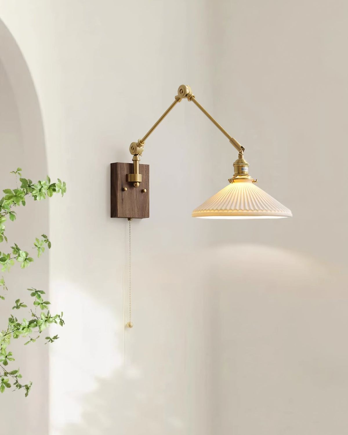 Wall Lamp Adjustable Arm Pleated Shade Walnut Base Vintage Task-Neutral Decor
