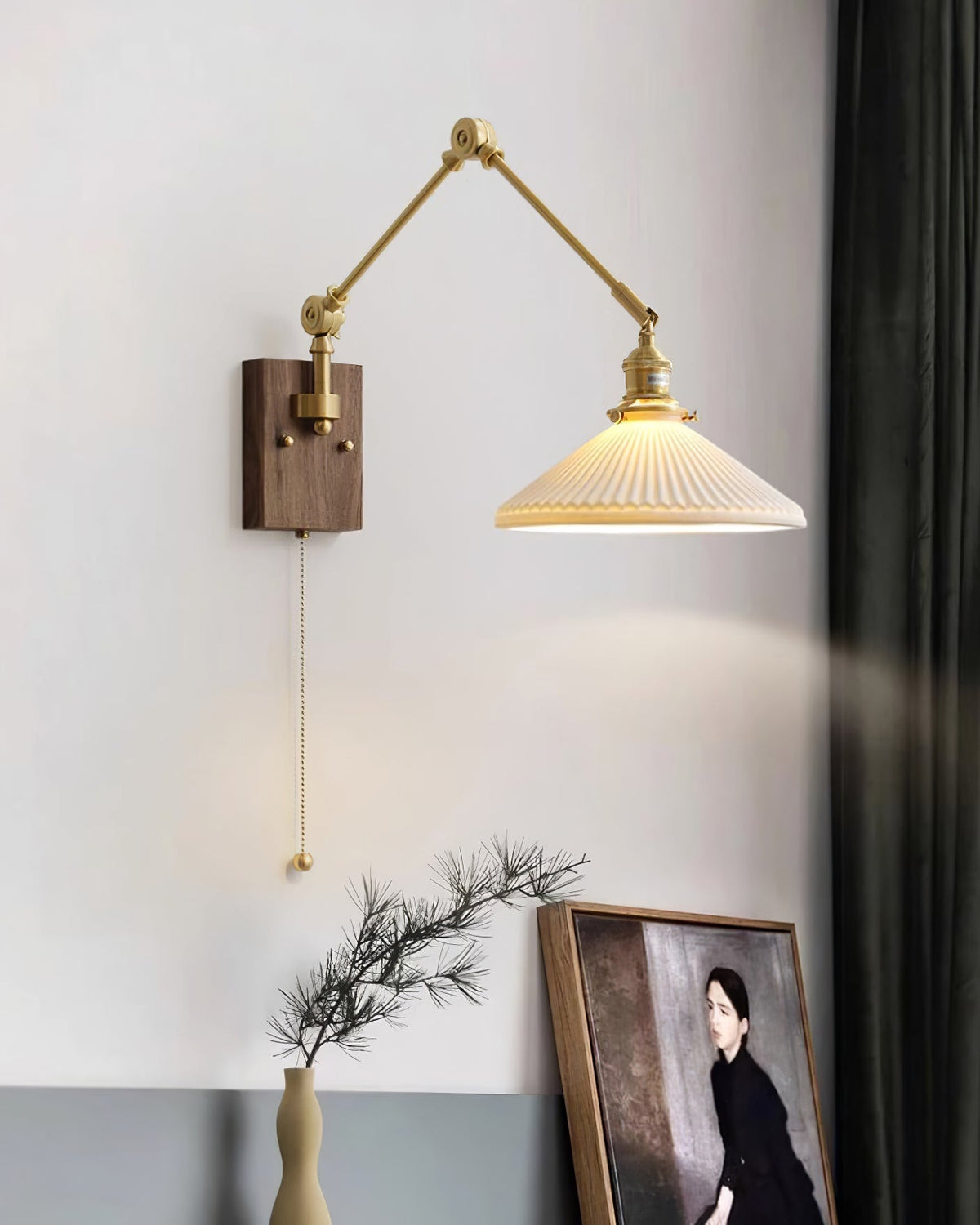Wall Lamp Adjustable Arm Pleated Shade Walnut Base Vintage Task-Neutral Decor