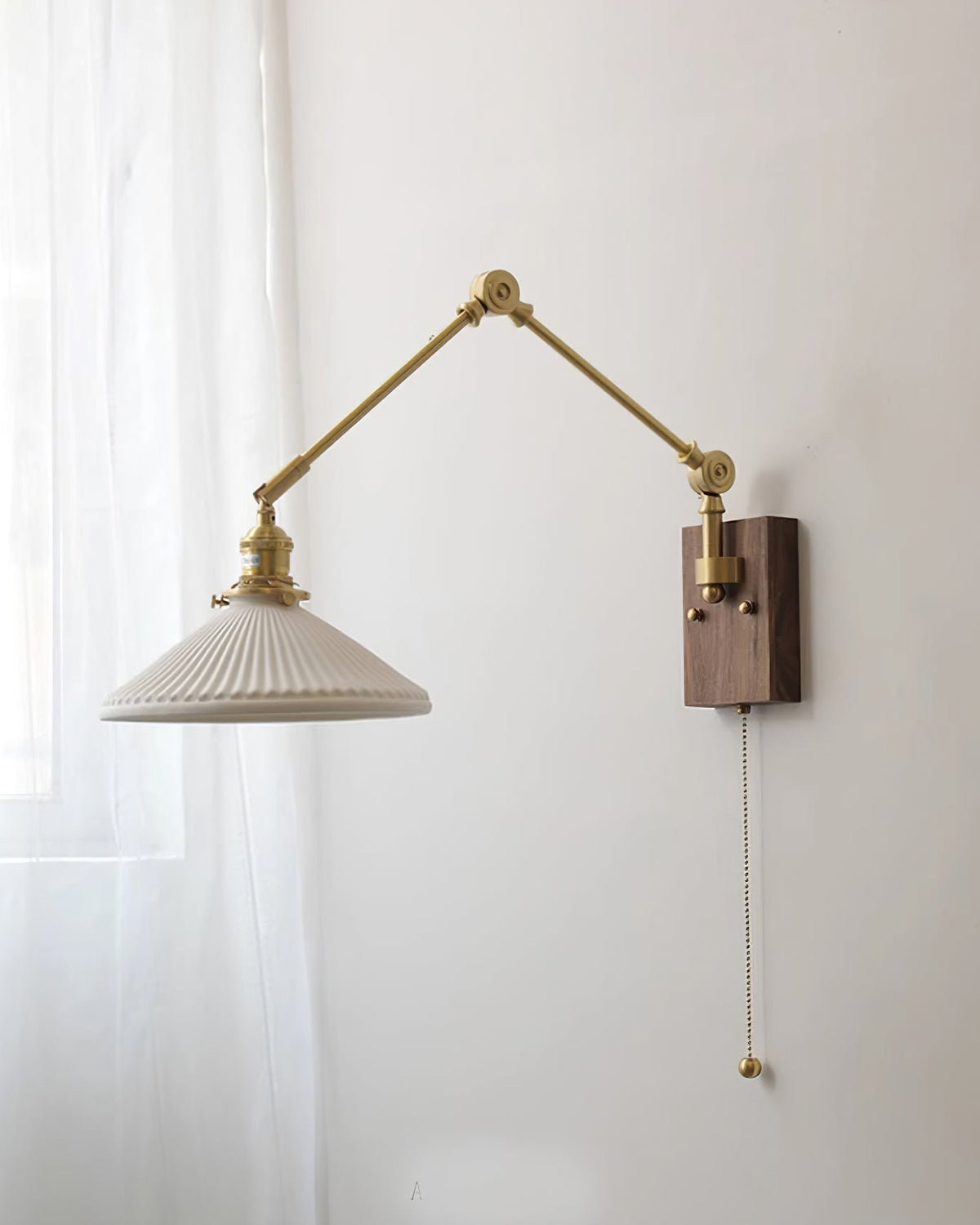 Wall Lamp Adjustable Arm Pleated Shade Walnut Base Vintage Task-Neutral Decor
