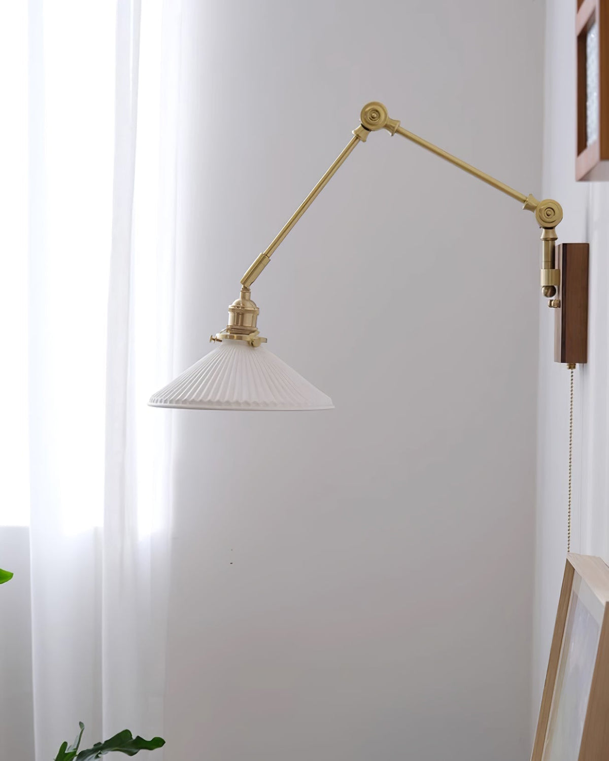Wall Lamp Adjustable Arm Pleated Shade Walnut Base Vintage Task-Neutral Decor