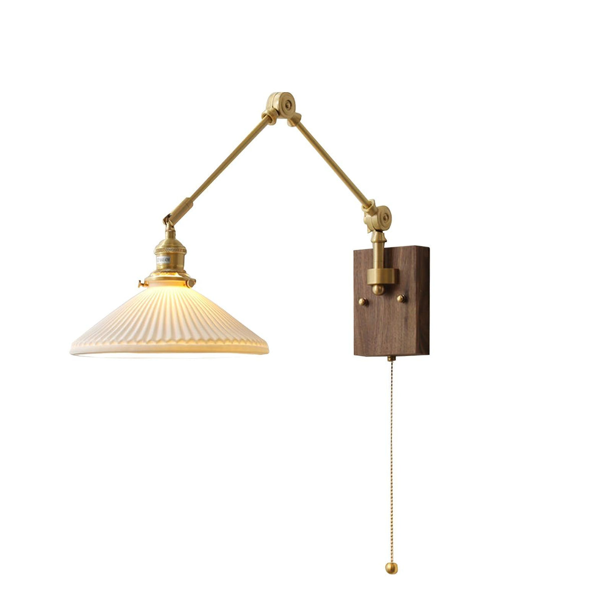 Wall Lamp Adjustable Arm Pleated Shade Walnut Base Vintage Task-Neutral Decor