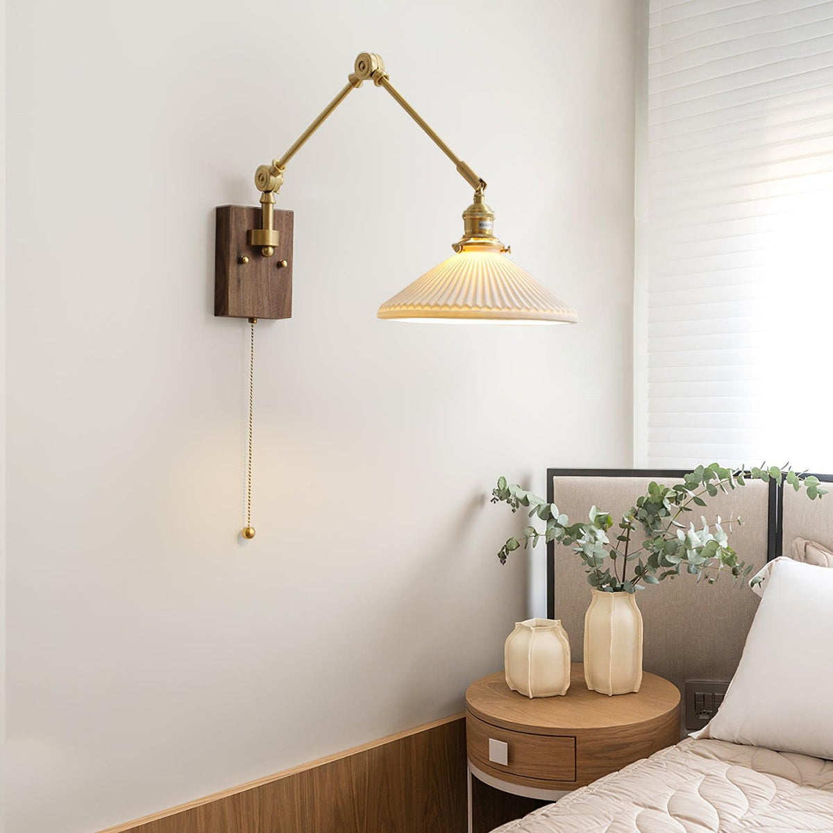 Wall Lamp Adjustable Arm Pleated Shade Walnut Base Vintage Task-Neutral Decor