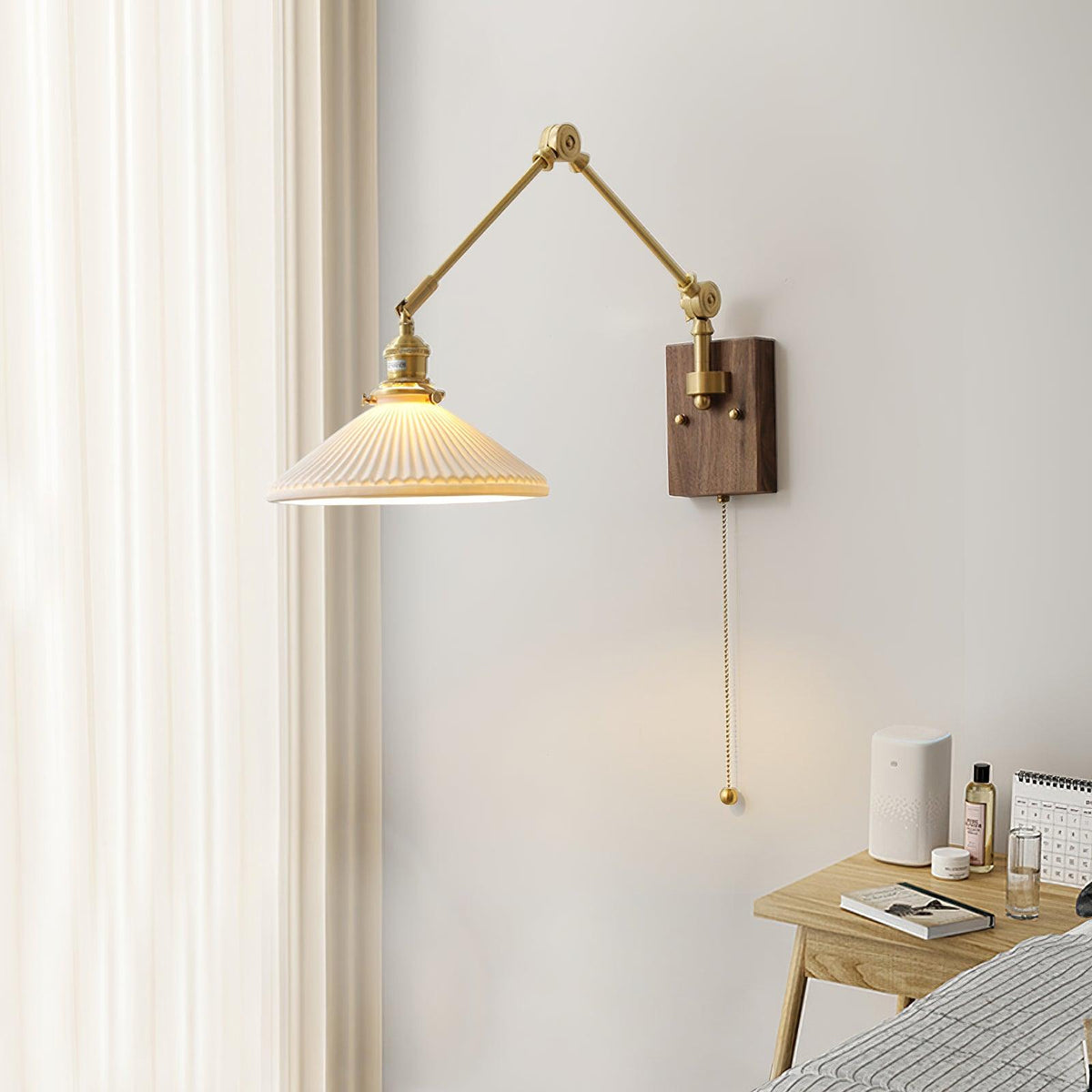 Wall Lamp Adjustable Arm Pleated Shade Walnut Base Vintage Task-Neutral Decor