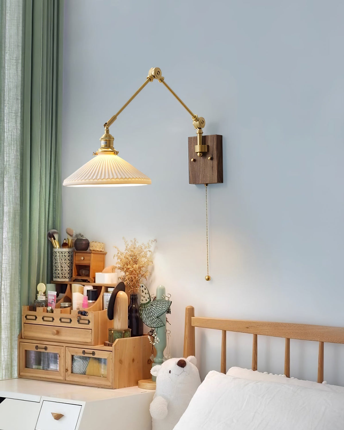 Wall Lamp Adjustable Arm Pleated Shade Walnut Base Vintage Task-Neutral Decor