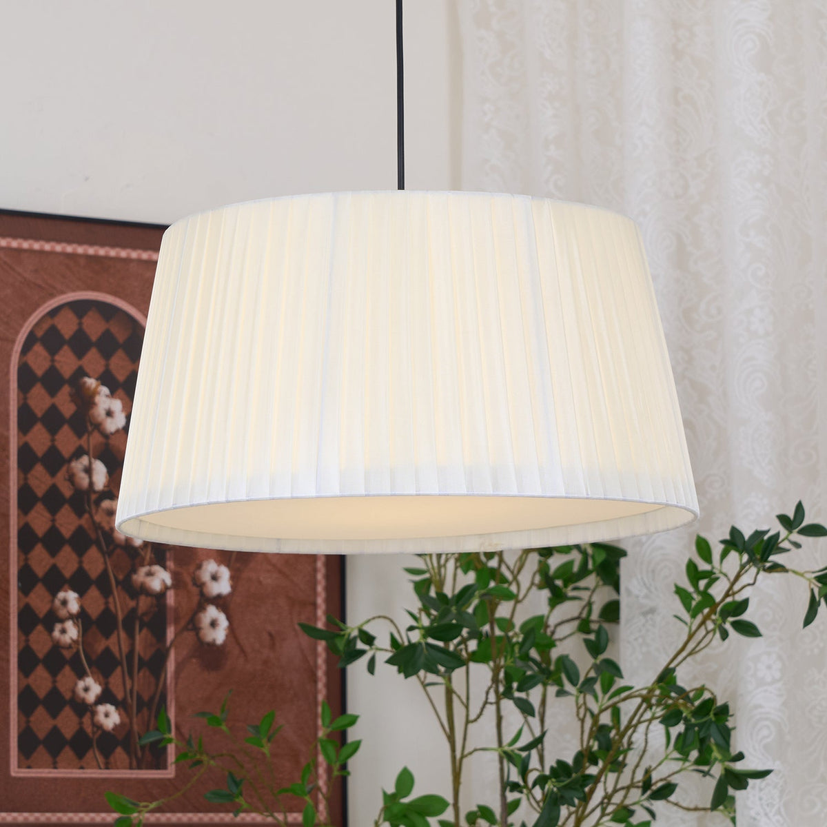Pendant Light Pleated Fabric Drum-Neutral Decor