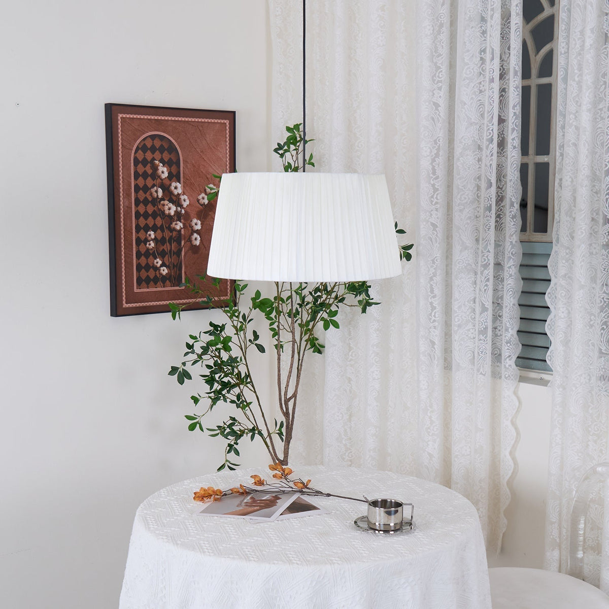 Pendant Light Pleated Fabric Drum-Neutral Decor