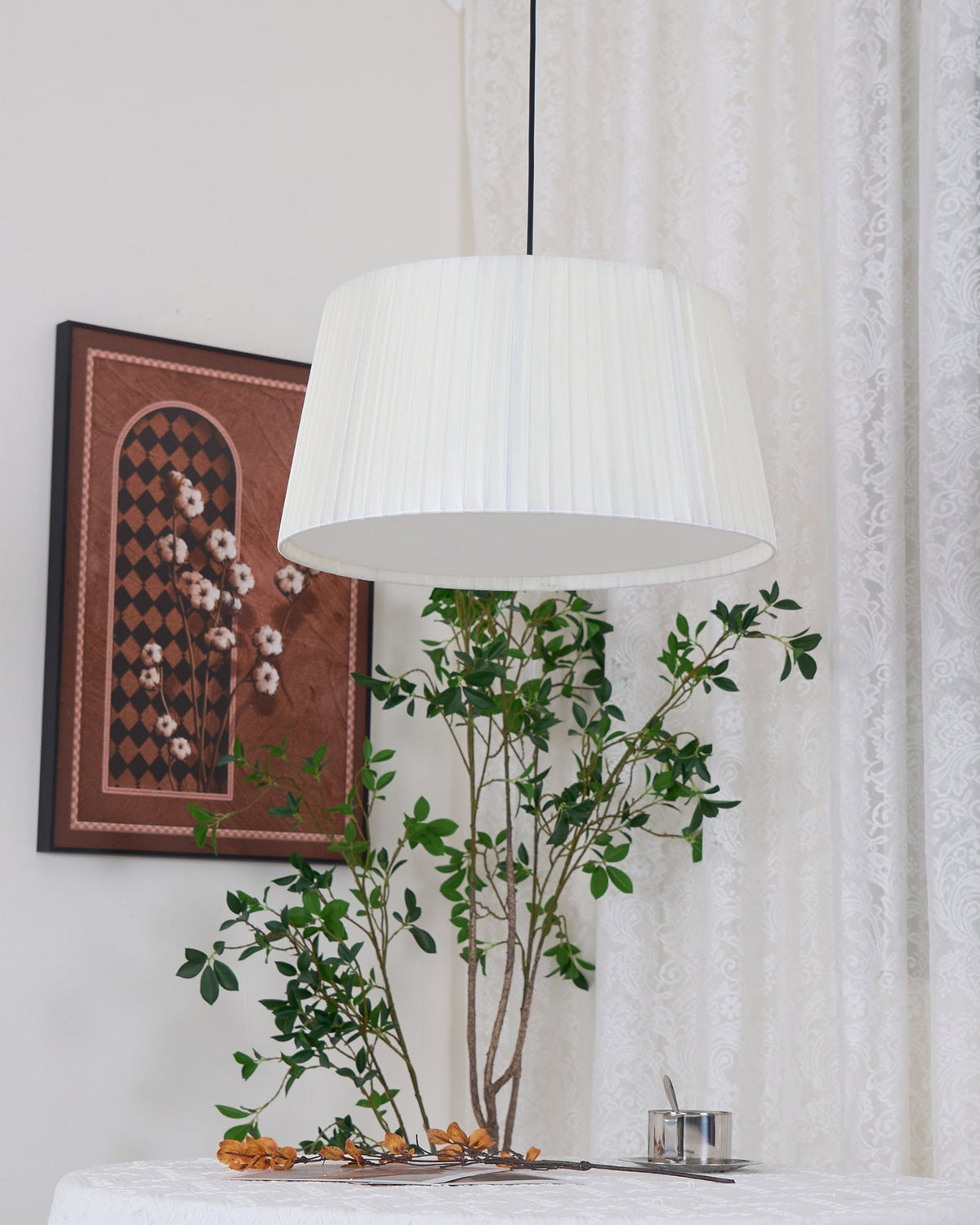 Pendant Light Pleated Fabric Drum-Neutral Decor