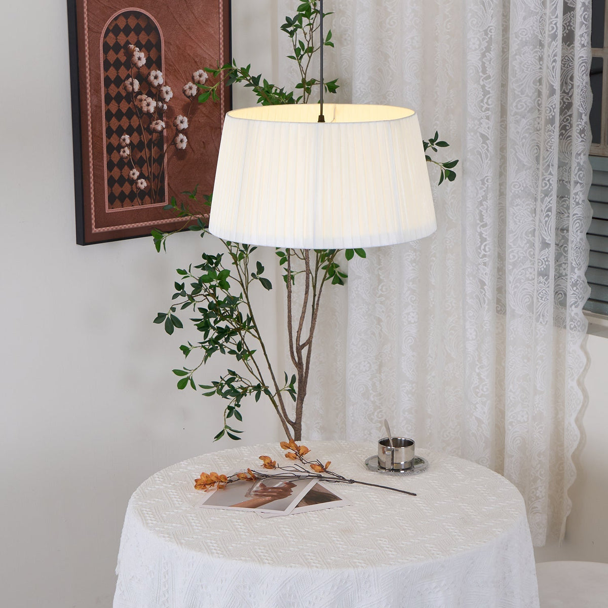 Pendant Light Pleated Fabric Drum-Neutral Decor