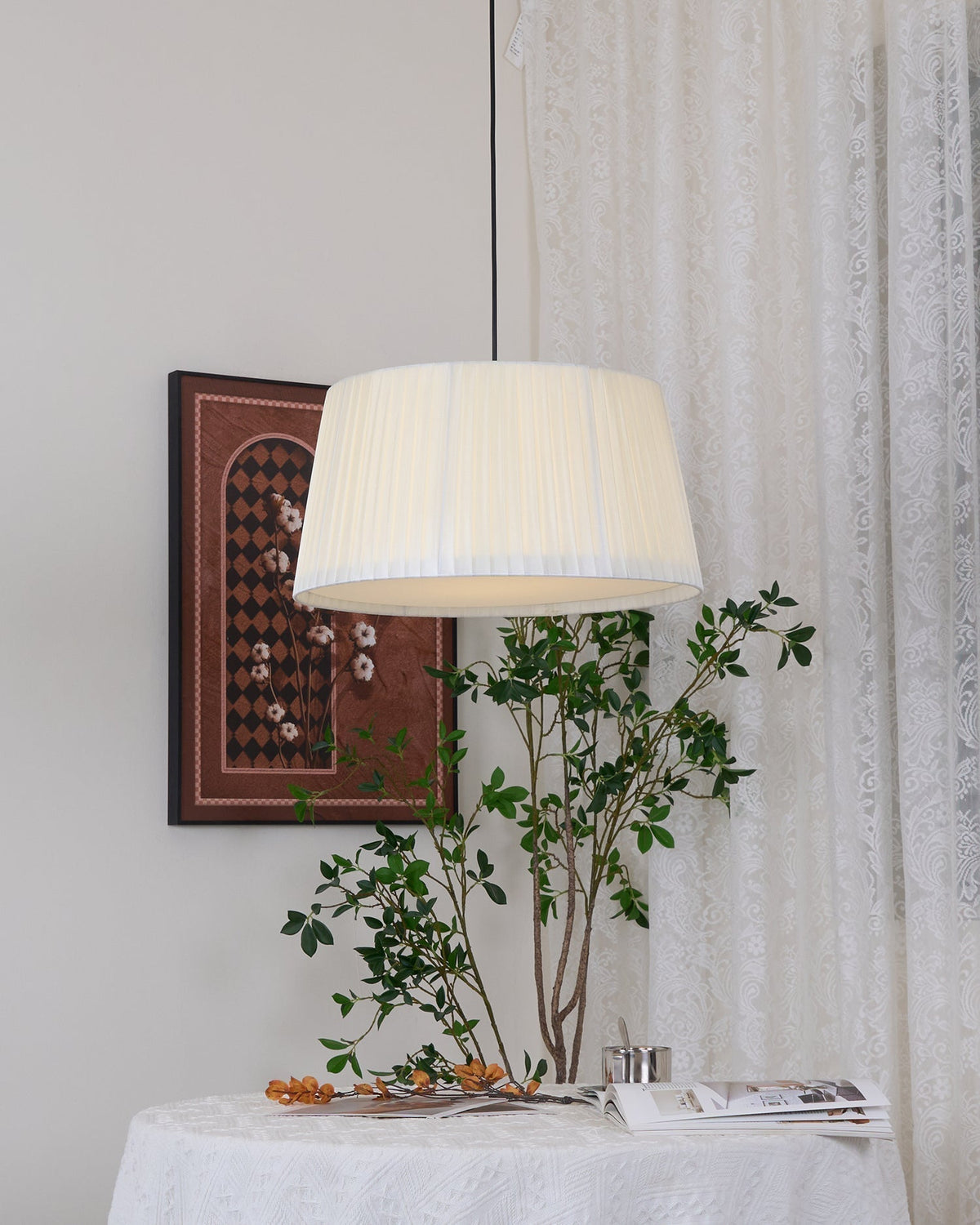 Pendant Light Pleated Fabric Drum-Neutral Decor