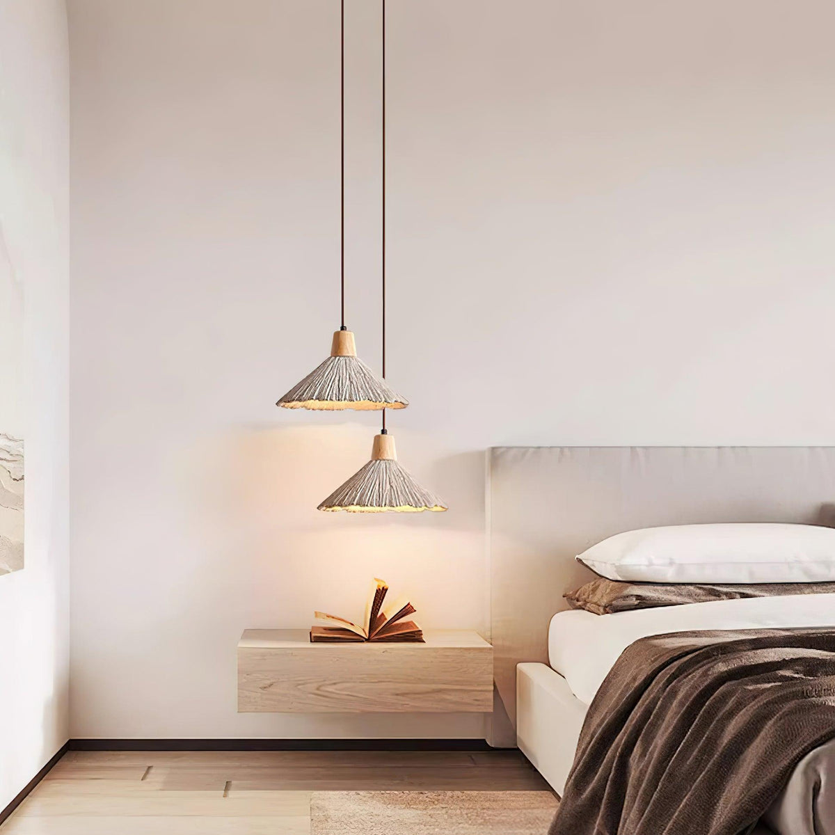 Pendant Lamp Wood Top Textured Cement Shade Grey Natural Japandi-Neutral Decor