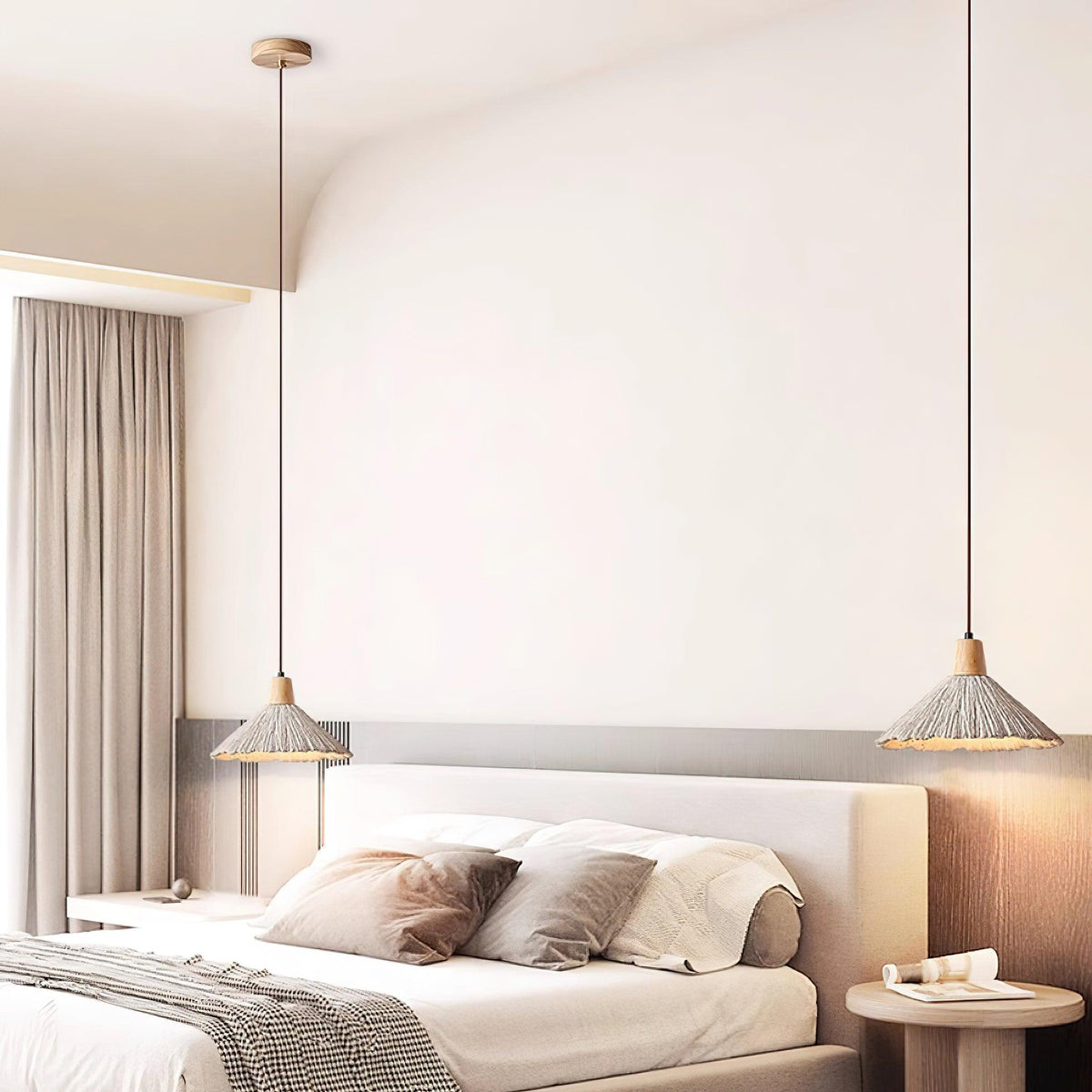 Pendant Lamp Wood Top Textured Cement Shade Grey Natural Japandi-Neutral Decor