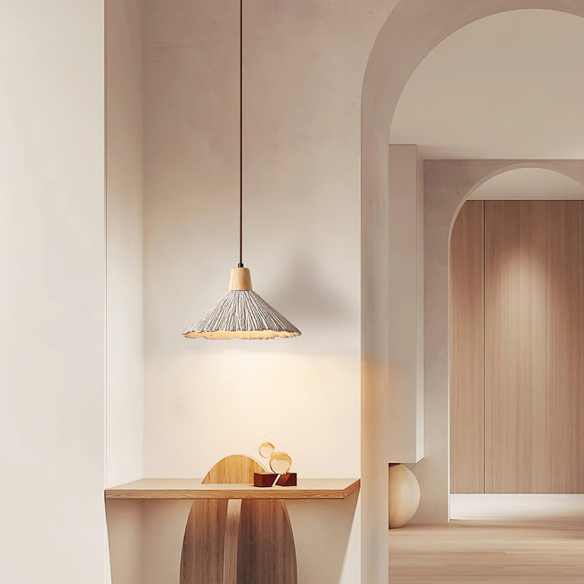 Pendant Lamp Wood Top Textured Cement Shade Grey Natural Japandi-Neutral Decor