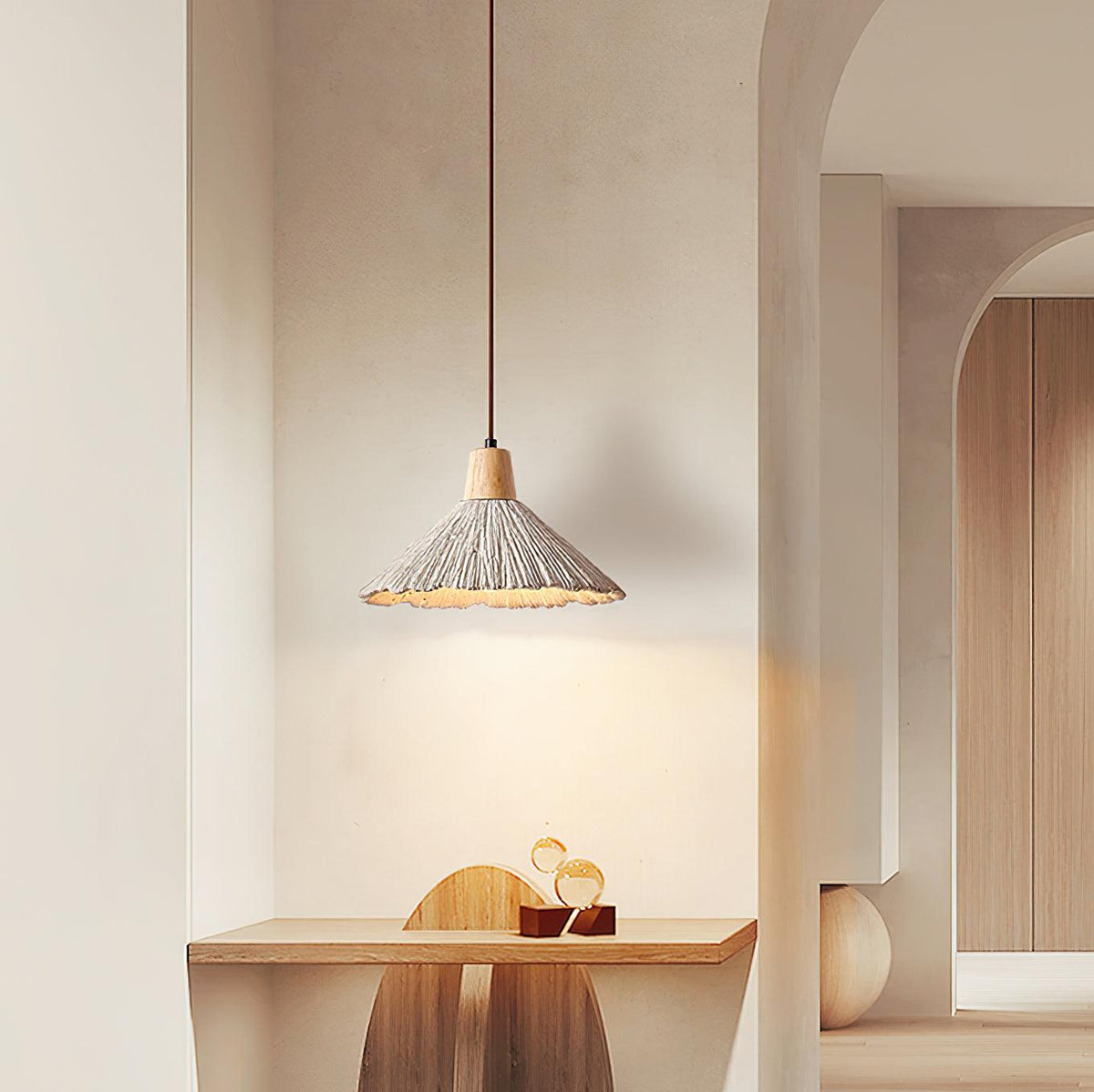 Pendant Lamp Wood Top Textured Cement Shade Grey Natural Japandi-Neutral Decor