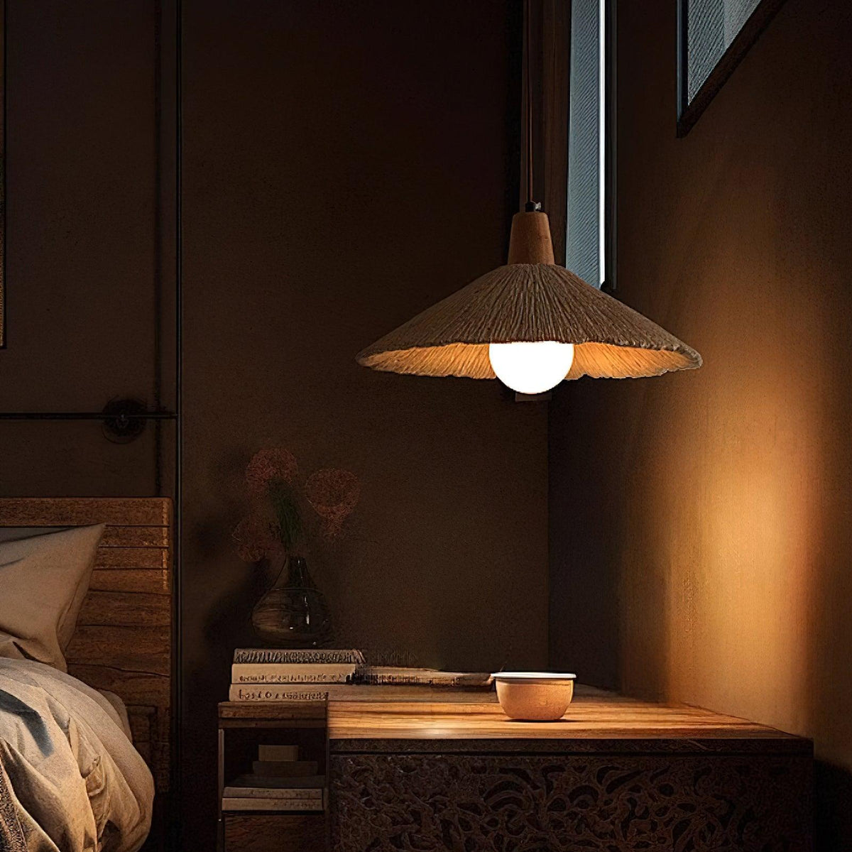 Pendant Lamp Wood Top Textured Cement Shade Grey Natural Japandi-Neutral Decor