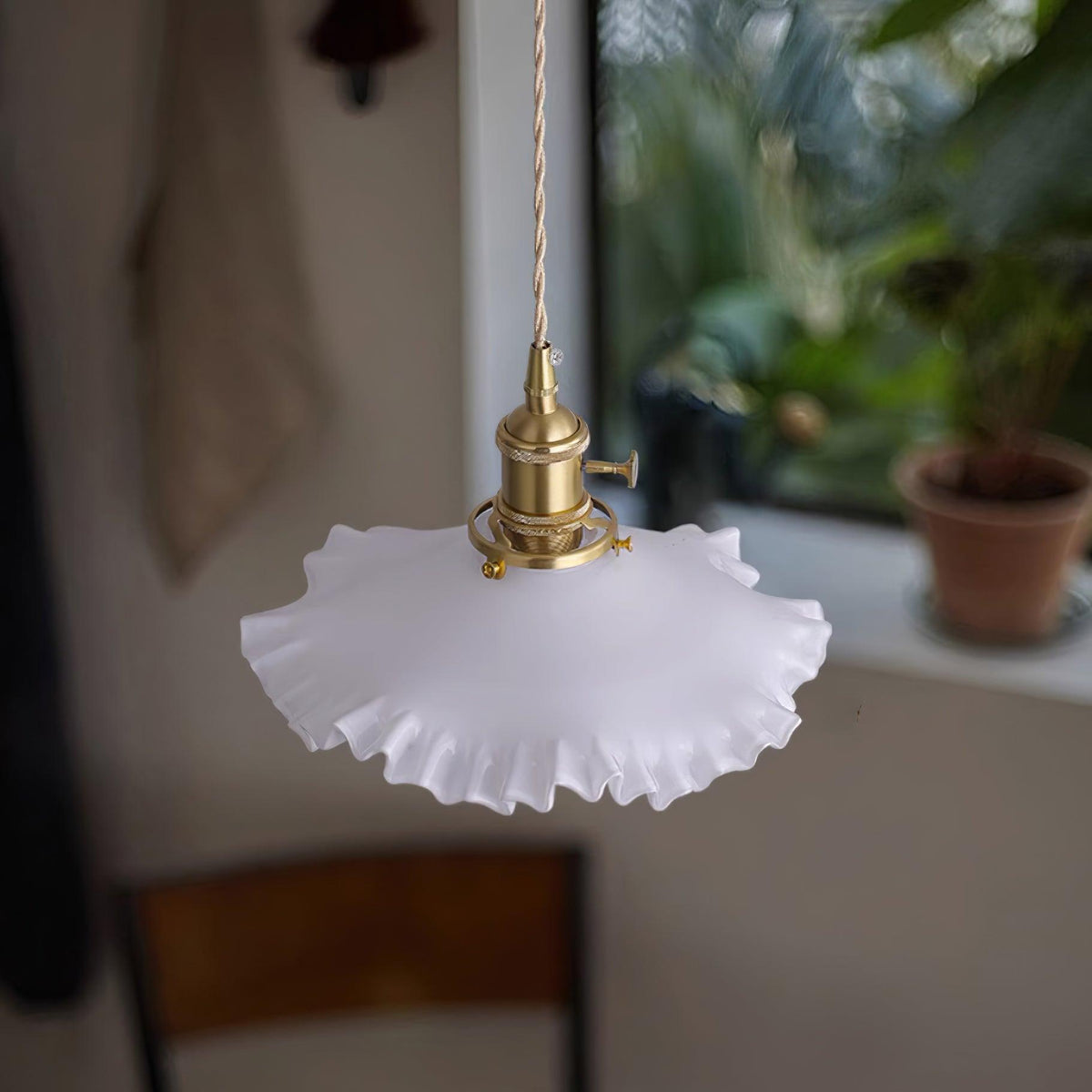 Pendant Lamp Glass Ruffle Shade Brass Warm Glow-Neutral Decor