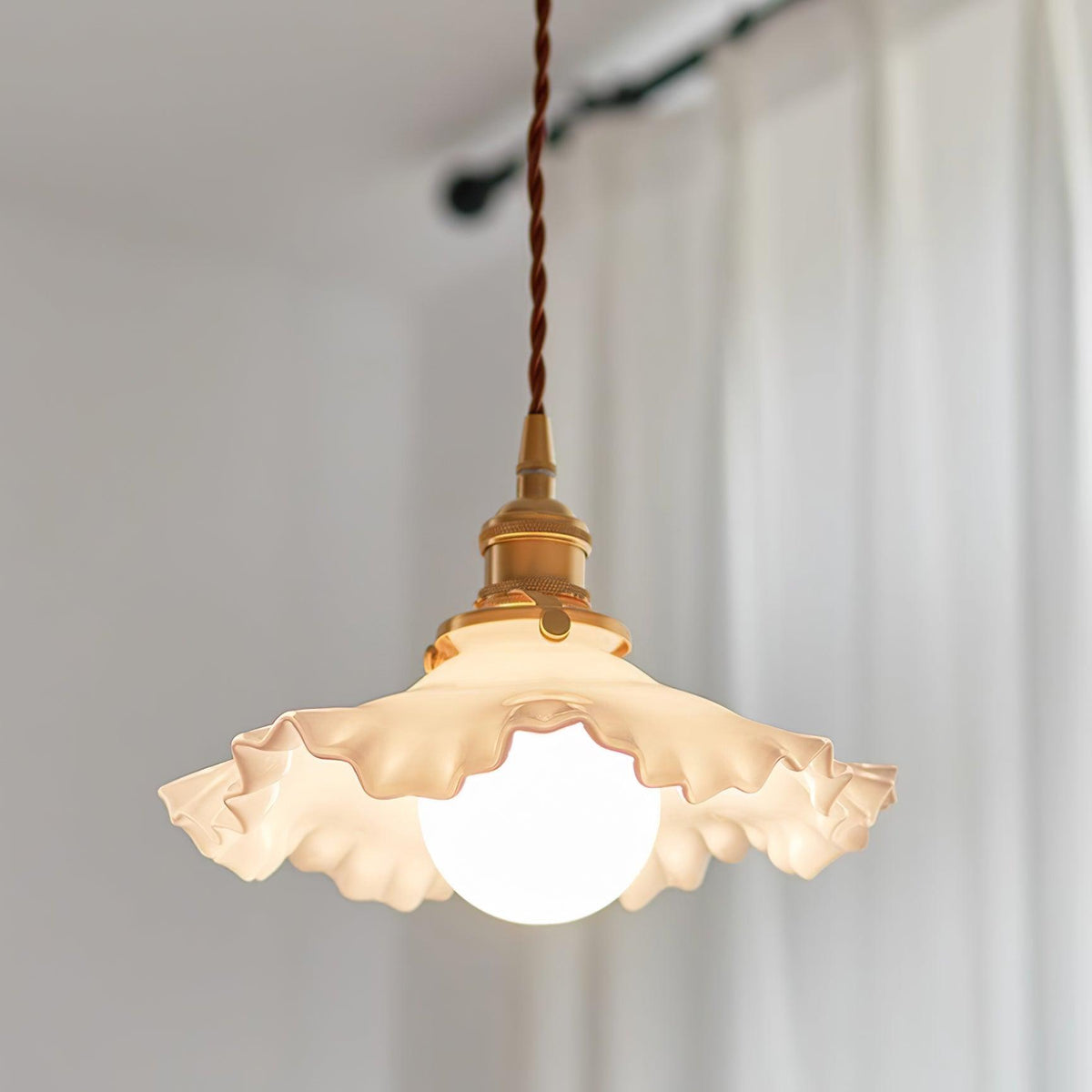 Pendant Lamp Glass Ruffle Shade Brass Warm Glow-Neutral Decor