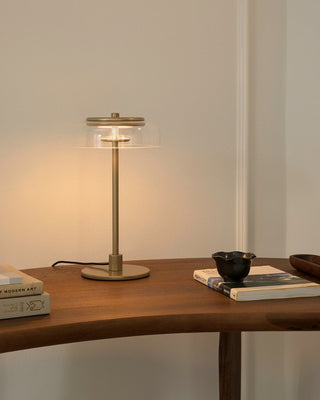 Rinelette Lampe de Table Verre Clair Ombrelle Bois Base