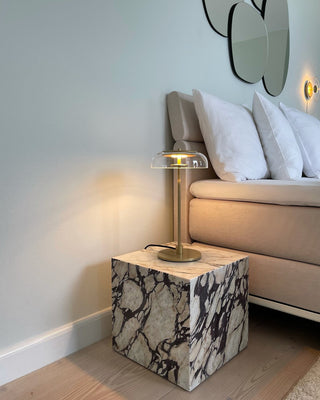 Rinelette Lampe de Table Verre Clair Ombrelle Bois Base